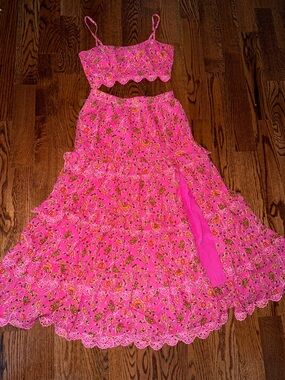 Caroline Constas Hot Pink Floral Tiered Maxi Skirt Set with crop top